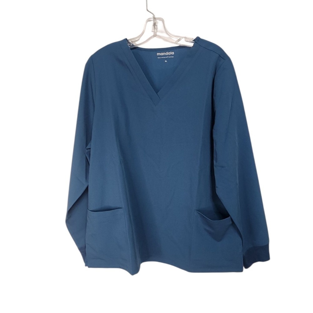 Mandala Womens Long Sleeve V Neck Scrub Top 2 Pocket Blue XL Tech